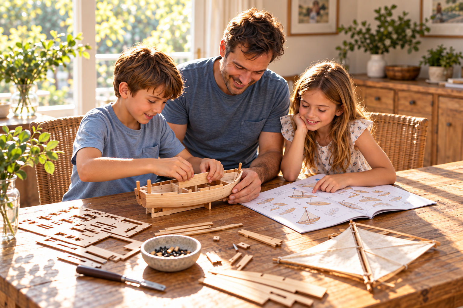 Adrian and his children building a small model at a table, a visual memory of August 2026.