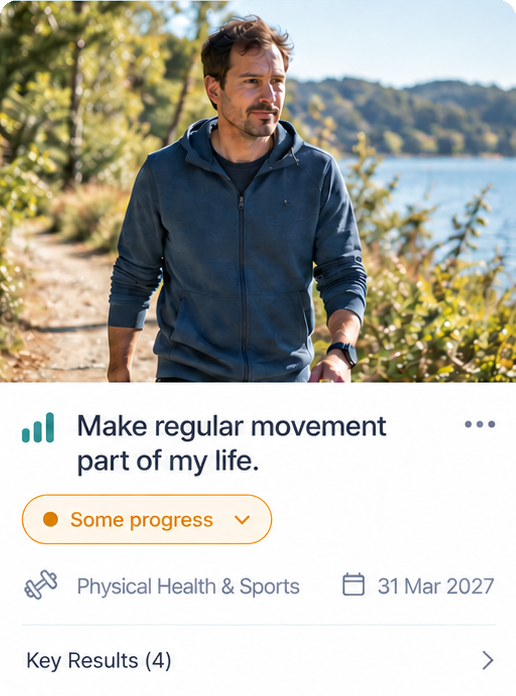 Health Life Goal illustration with Adrian walking outdoors beside a lake.