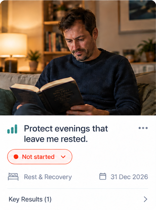 Recovery Life Goal illustration with Adrian reading a book at home in the evening.