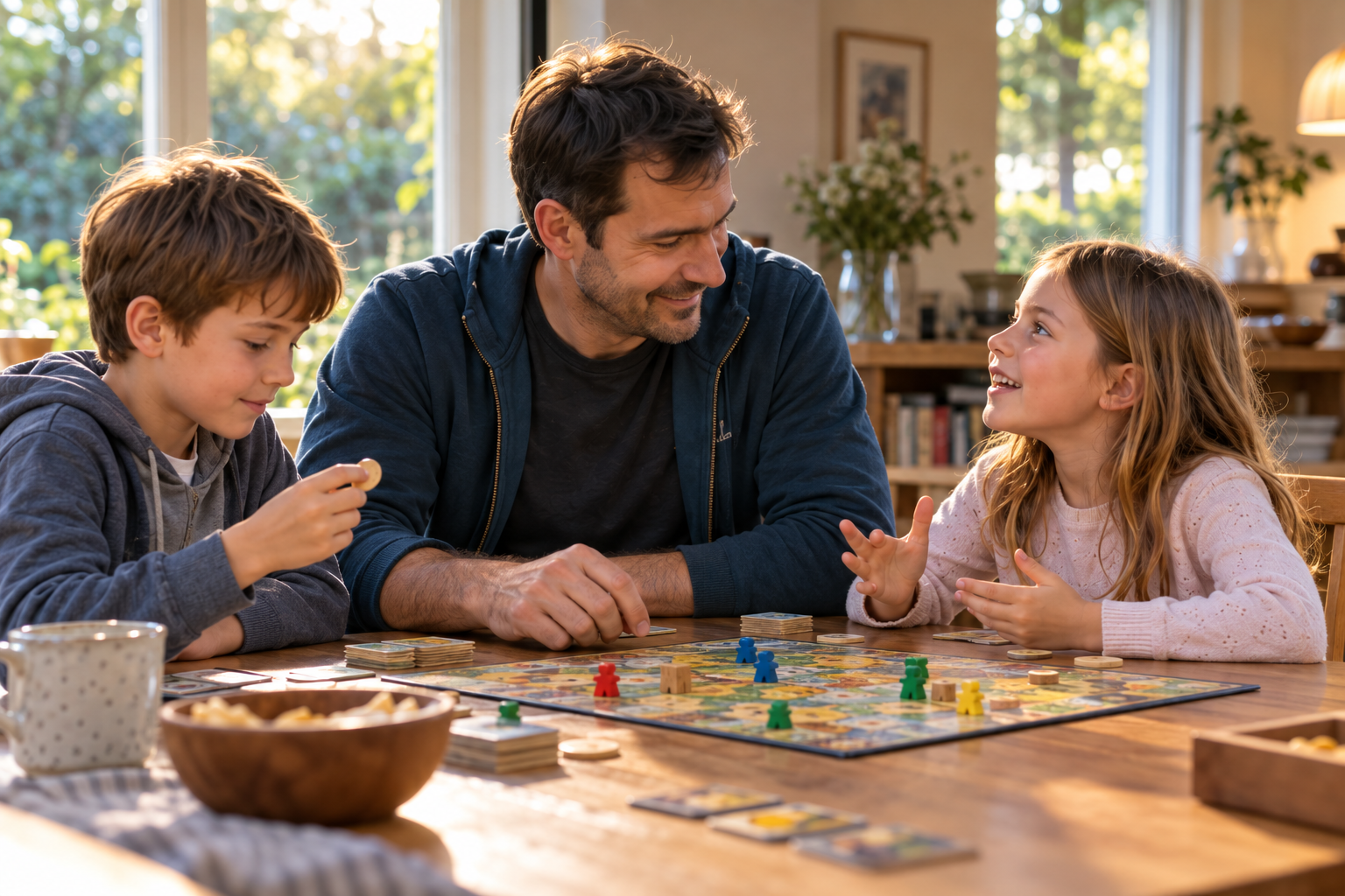 Adrian playing a board game with his children at home, a visual memory of June 2026.