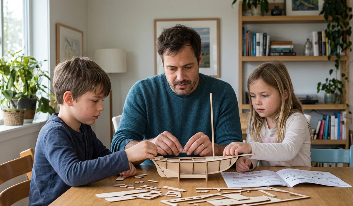 Adrian building a model with his children at home.