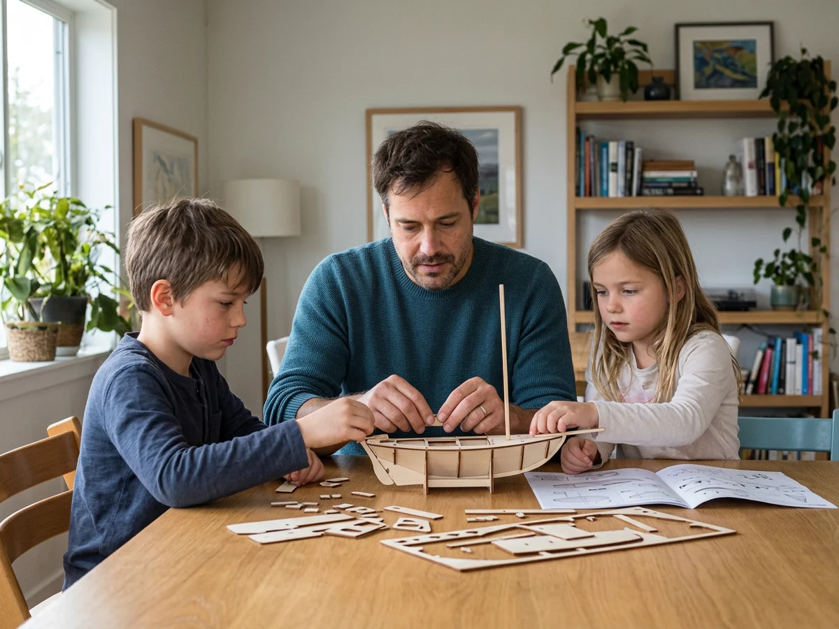 Adrian building a model with his children at home.